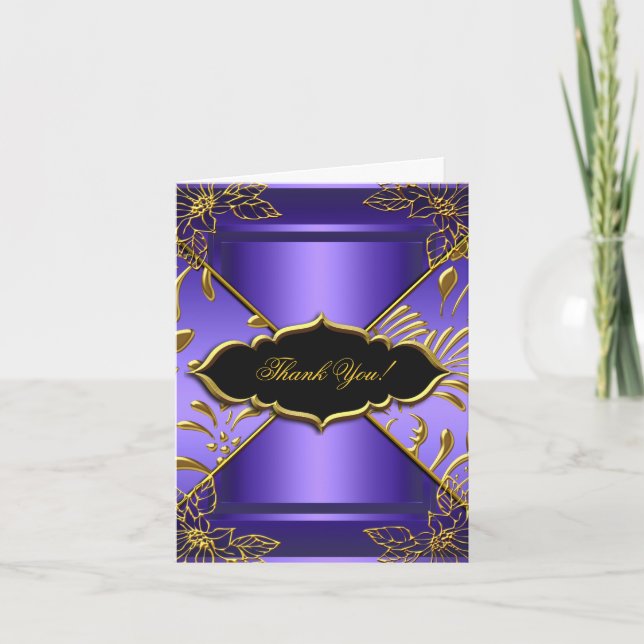 Thank You Card Elegant Purple Black Gold Damask (Front)