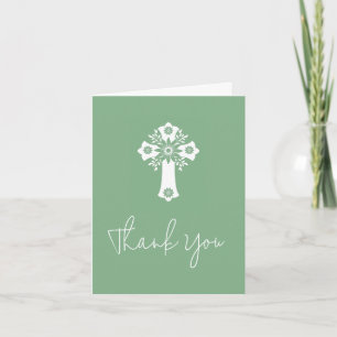Thank You Card Floral Cross Christening Sage Green