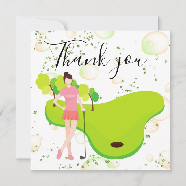 Thank you card for golfer with Lady woman golfer  (Front)