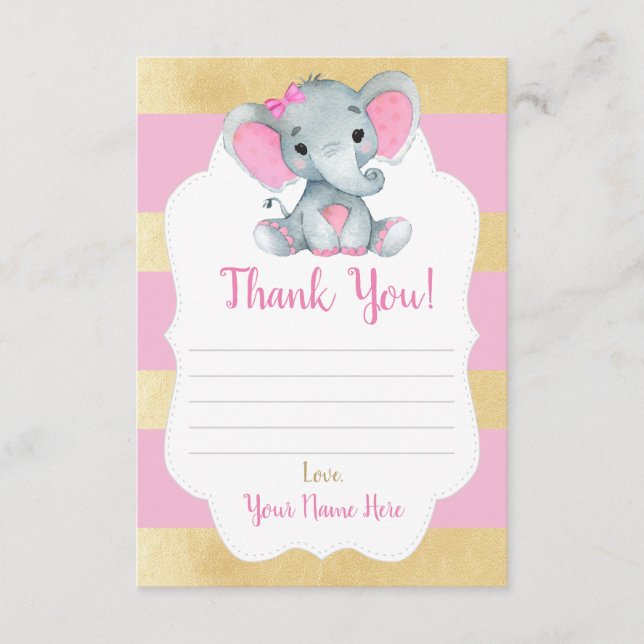 Thank You Card Girl Elephant Shower Gold Pink (Front)