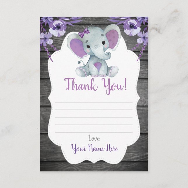 Thank You Card Girl Elephant Shower Purple Flowers (Front)