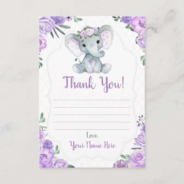 Thank You Card Girl Elephant Shower with Flowers (Front)