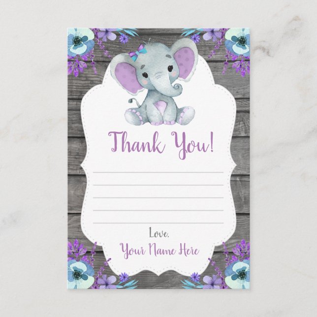 Thank You Card Girl Elephant Shower with Flowers (Front)