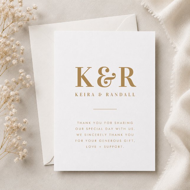 Thank You Card | Gold Wedding Gratitude Note (Gold monogram wedding thank you card with initials, names, and elegant gratitude wording.)