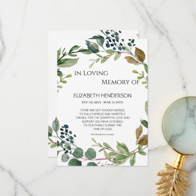 Thank you card in memory of sympathy. (Front/Back In Situ)