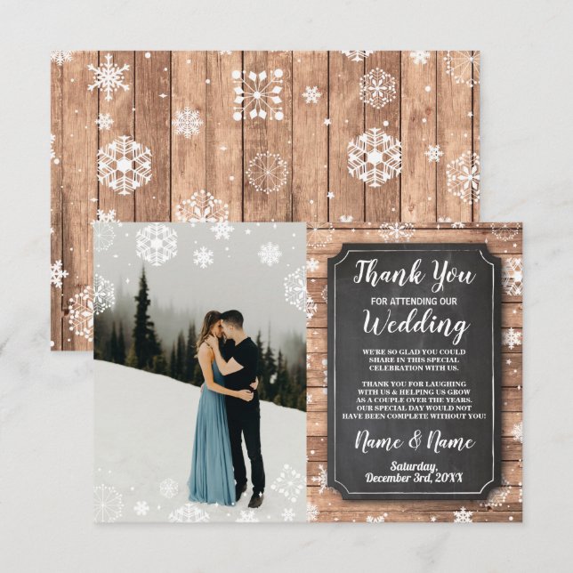 Thank You Card Photo Rustic Winter Snowflakes Wood (Front/Back)