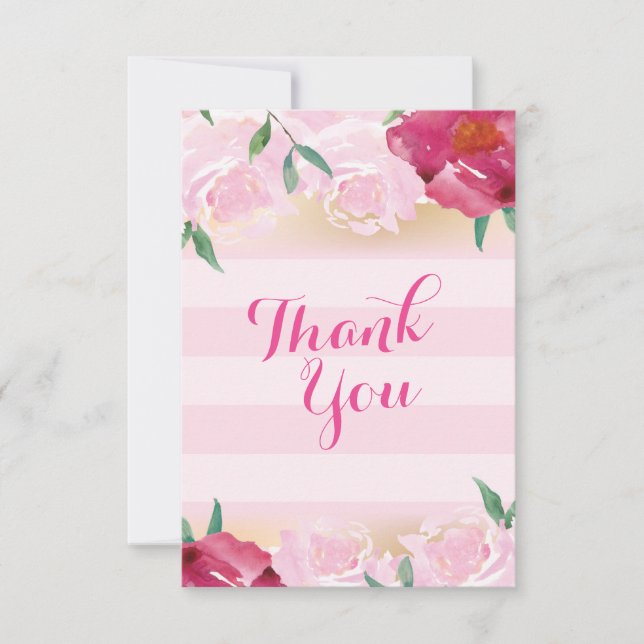 Thank You Card Pink Flowers & Stripes (Front)