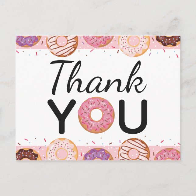 THANK YOU Card Pink Iced Doughnuts Birthday Party (Front)