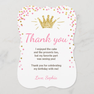 Thank you card Princess Birthday Gold Pink