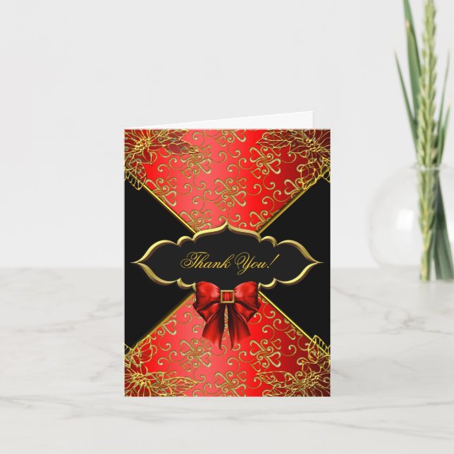 Thank You Card Red Black Gold Damask (Front)