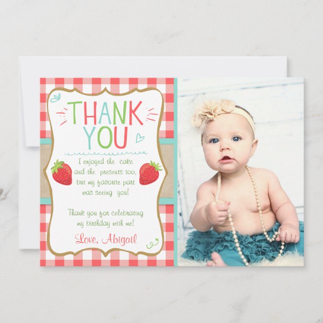 Thank you card Strawberry First Birthday Summer (Front)