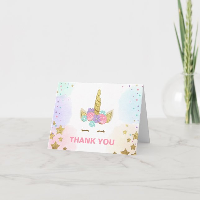 Thank you card Unicorn Gold Pink Girl Whimsical (Front)