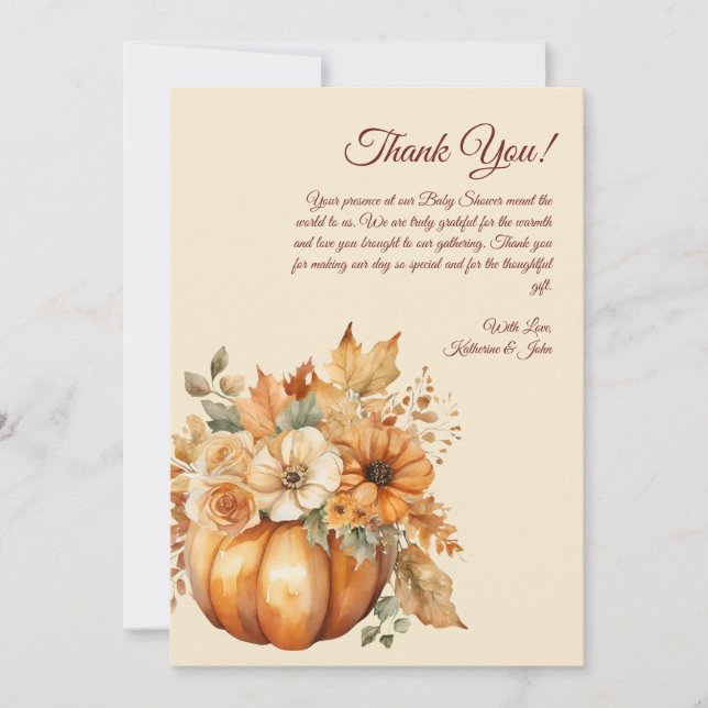 Thank You Card-Watercolor Pumpkin Floral Design- Invitation (Front)