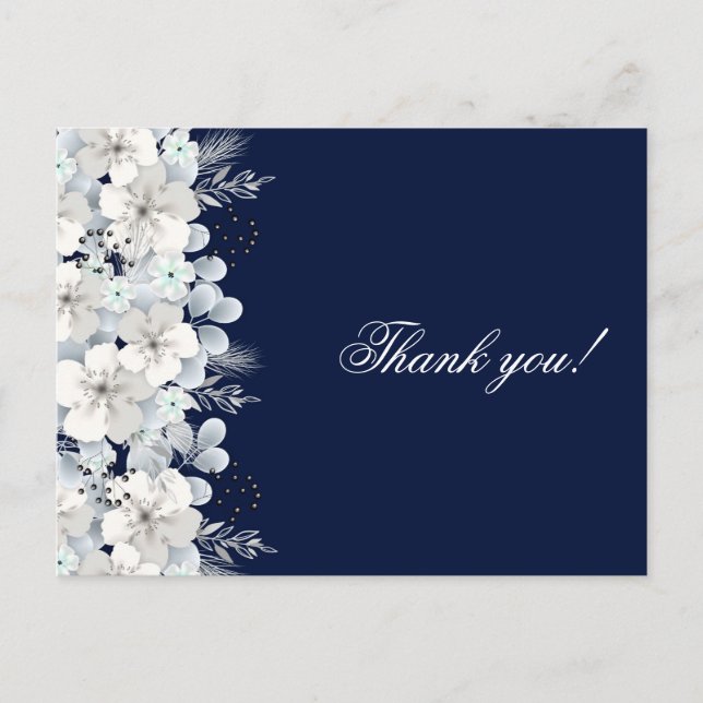 Thank you card white flower sakura navy blue (Front)