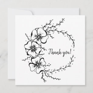 Thank you card with floral wreath, hand drawn