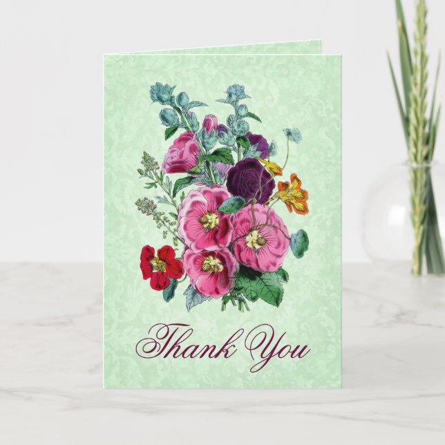 Thank You Card with Vintage Hollyhock Blooms (Front)