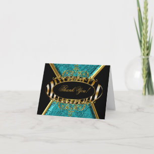 Thank You Card Zebra Teal Black Gold Damask