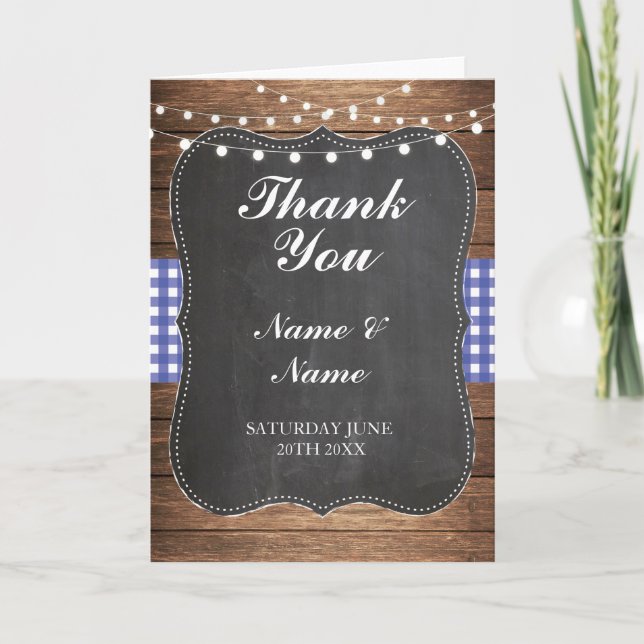 Thank You Cards Bridal Blue Check Wood Wedding (Front)