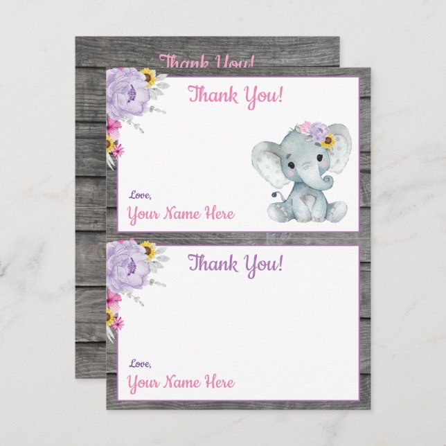 Thank You Cards Elephant Pink Yellow Purple (Front/Back)