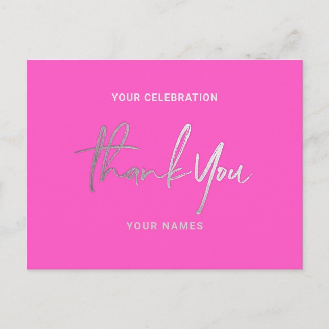 Thank You Cards Silver Faux Foil Neon Fuchsia Pink (Front)