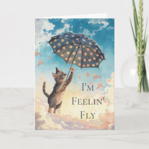 Thank You Cat and Umbrella Flying in the Air Card