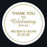 Thank you, celebrating with us, Wedding Gifts Classic Round Sticker<br><div class="desc">Add a touch of elegance to your wedding celebration with these personalised round white stickers. Featuring the initials of the bride and groom, these stickers are perfect for sealing invitations, decorating favours, or adding a personal touch to any aspect of your wedding. The classic round shape and clean white background...</div>