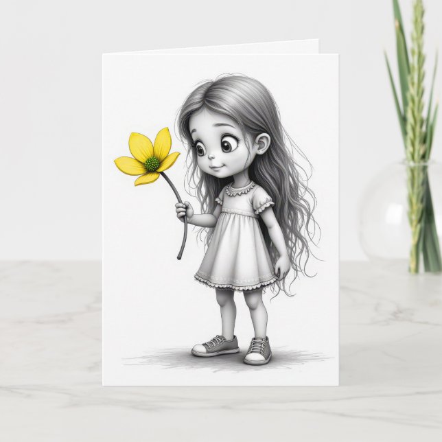 Thank You Chibi Child With Yellow Flower Card (Front)