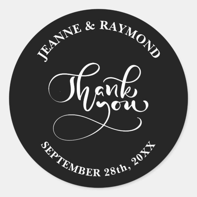 Thank You Chic Calligraphy Black Wedding Favour Classic Round Sticker (Front)