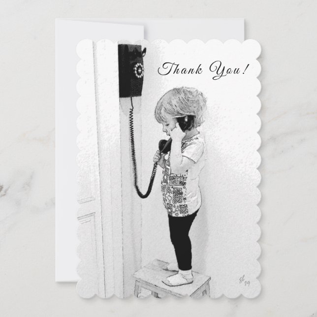 Thank You, Child, Old Phone, B&W Art Holiday Card (Front)