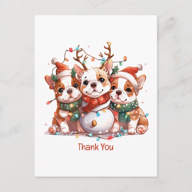 Thank You Christmas English Bulldog Reindeer Santa Postcard (Front)