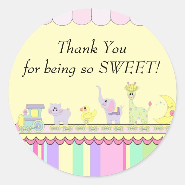 Thank You! Circus Baby Train Baby Shower Classic Round Sticker (Front)