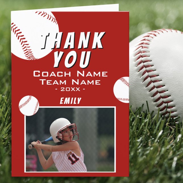Thank you Coach Red Softball Photo Card (Creator Uploaded)