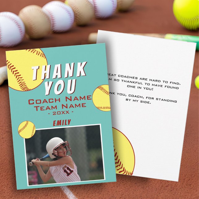 Thank you Coach Yellow Softball Photo Card (Creator Uploaded)