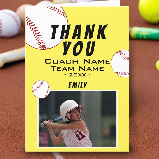 Thank you Coach Yellow Softball Photo Card (Creator Uploaded)