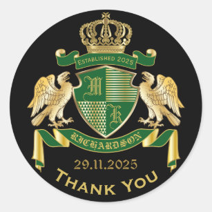 Thank You Coat of Arms Green Gold Eagle Emblem Classic Round Sticker