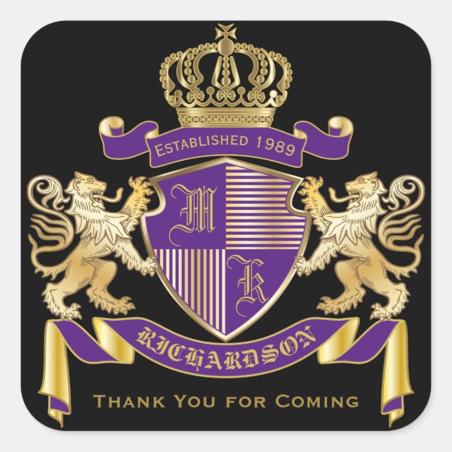 Thank You Coat of Arms Monogram Golden Lion Emblem Square Sticker (Front)