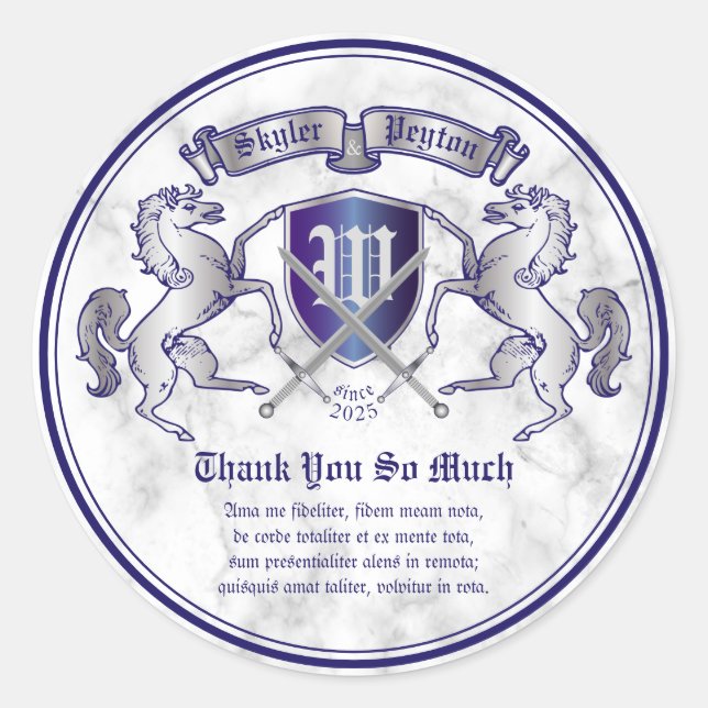 Thank You Coat of Arms Monogram Silver Horse Emble Classic Round Sticker (Front)
