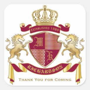 Thank You Coat of Arms Red Gold Unicorn Emblem Square Sticker