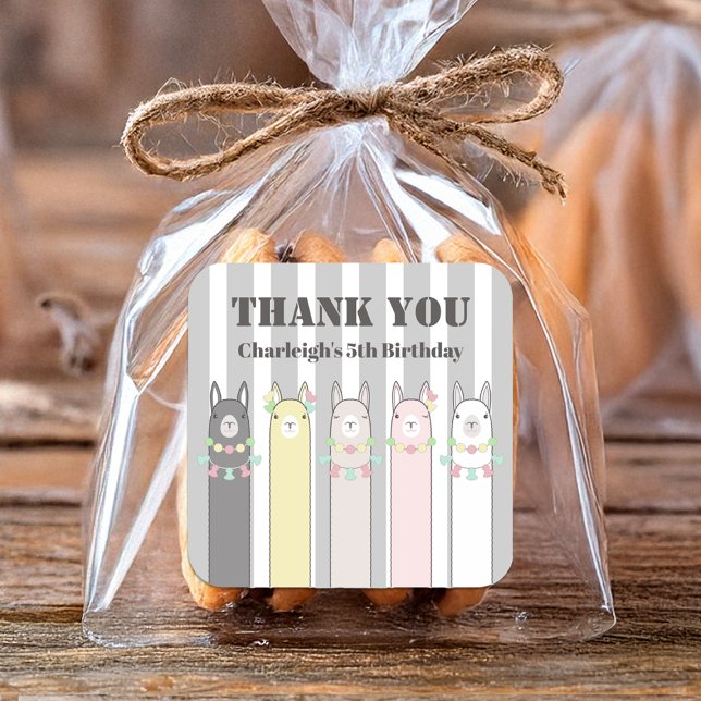 Thank You Colourful Llamas Kids Birthday Favour Square Sticker (Creator Uploaded)
