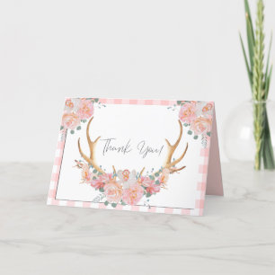 Thank You   Coral Gingham BOHO Floral Antlers Card