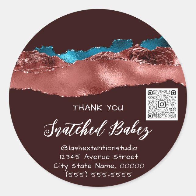 Thank You Cosmetic Logo QR Code Burgundy Teal Blue Classic Round Sticker (Front)