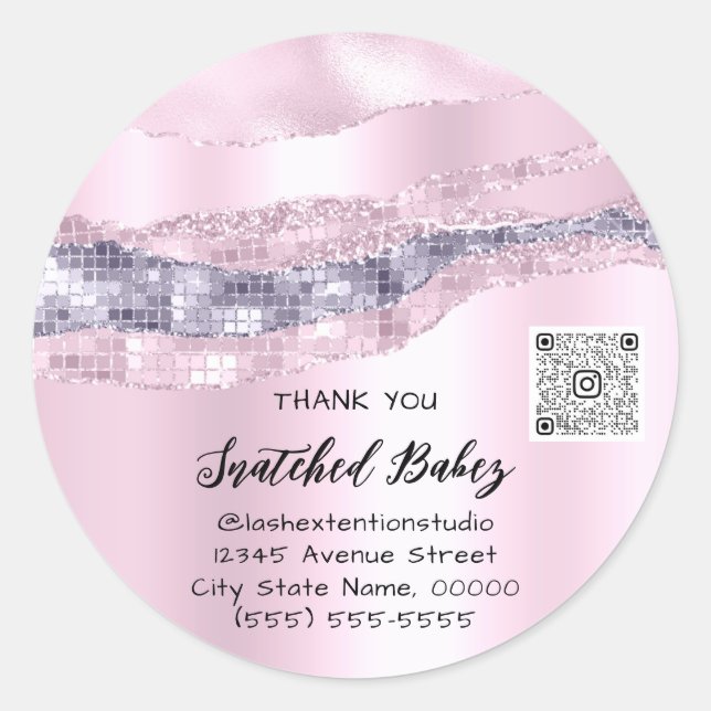 Thank You Cosmetic Logo QR Code Pink PurpleGlitter Classic Round Sticker (Front)