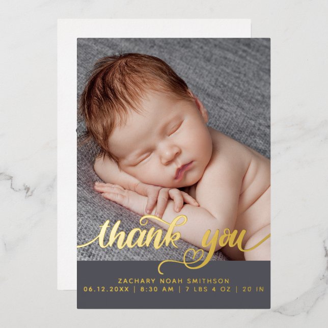  Thank You Custom Boy Birth Announcement Foil Card (Front/Back)