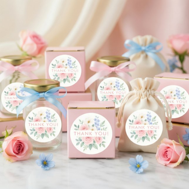 Thank You Custom Round Sticker with Blush Roses (Creator Uploaded)