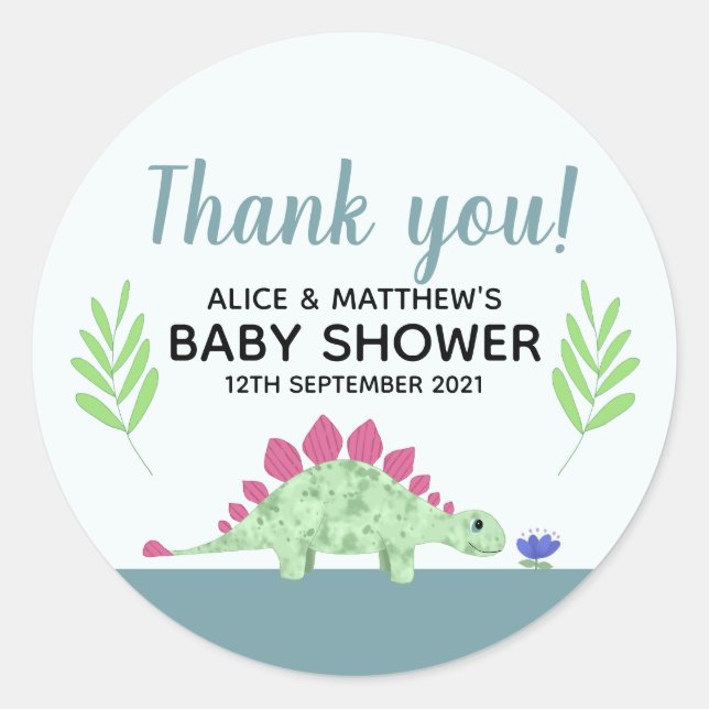 Thank You Cute Blue Dinosaur Baby Shower Favour Classic Round Sticker (Front)