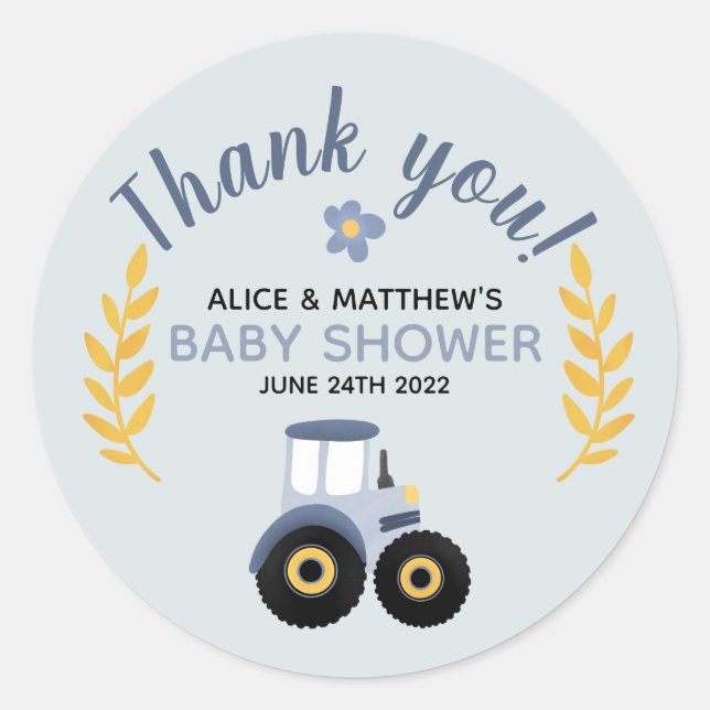 Thank You Cute Blue Farm Tractor Baby Shower  Classic Round Sticker (Front)