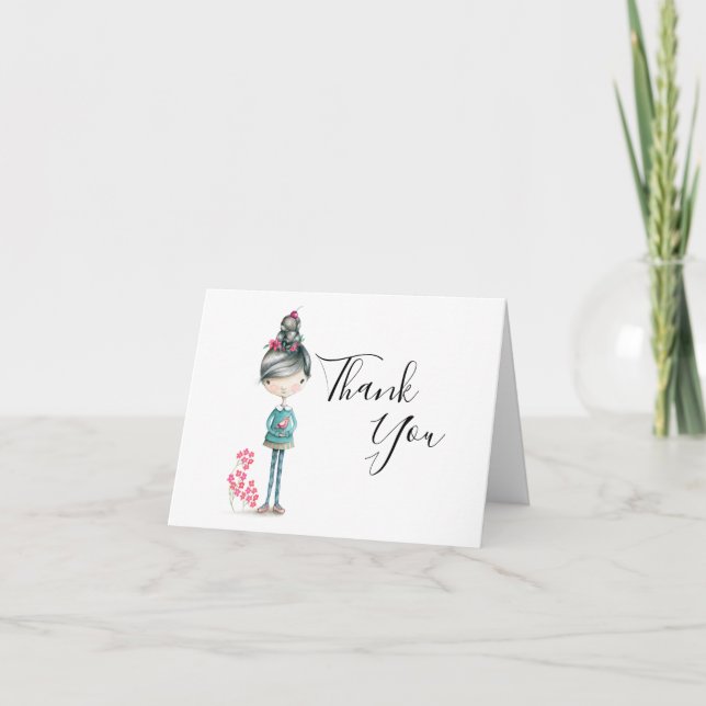 "Thank You" Cute Boho Girl With Bird Thank You Card (Front)