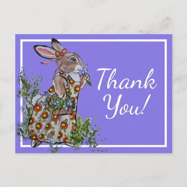 Thank You Cute Bunny Rabbit Blue Feminine Floral Postcard (Front)