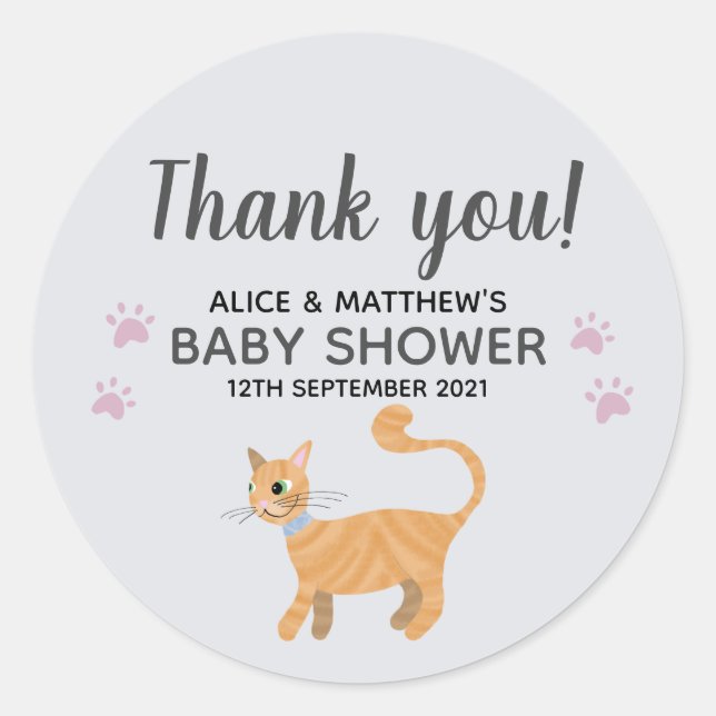 Thank You Cute Cat Cartoon Baby Shower Classic Round Sticker (Front)