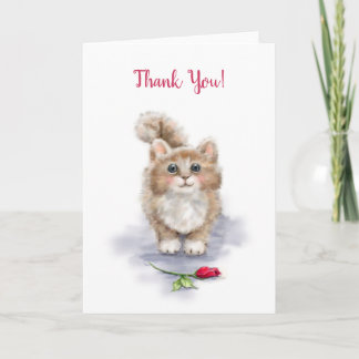 Thank You, cute cat sitting with red rose Card